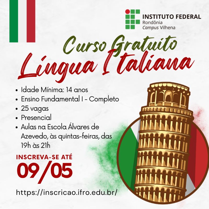 Campus Vilhena oferta vagas em Curso Básico de Língua Italiana