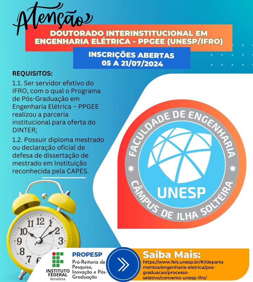 Dinter com a Unesp oferta 15 vagas para Doutorado em Engenharia Elétrica