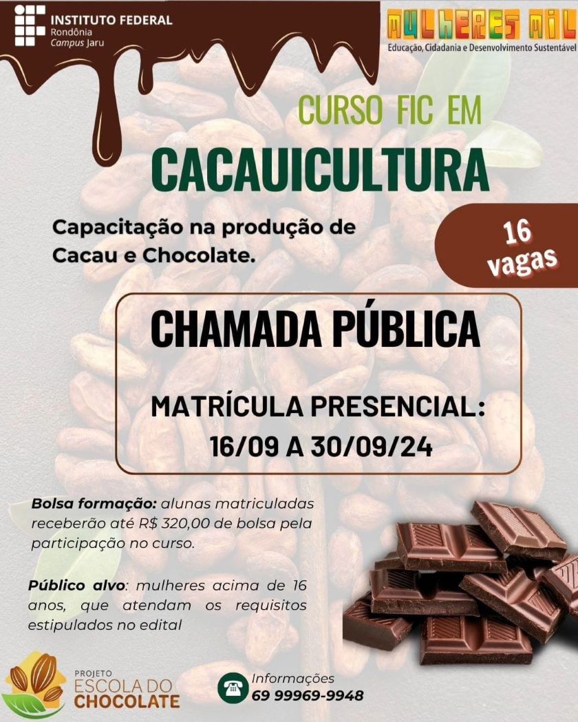 Campus Jaru abre chamada pública de candidatas para o Curso FIC em Cacauicultura pelo Programa Mulheres Mil