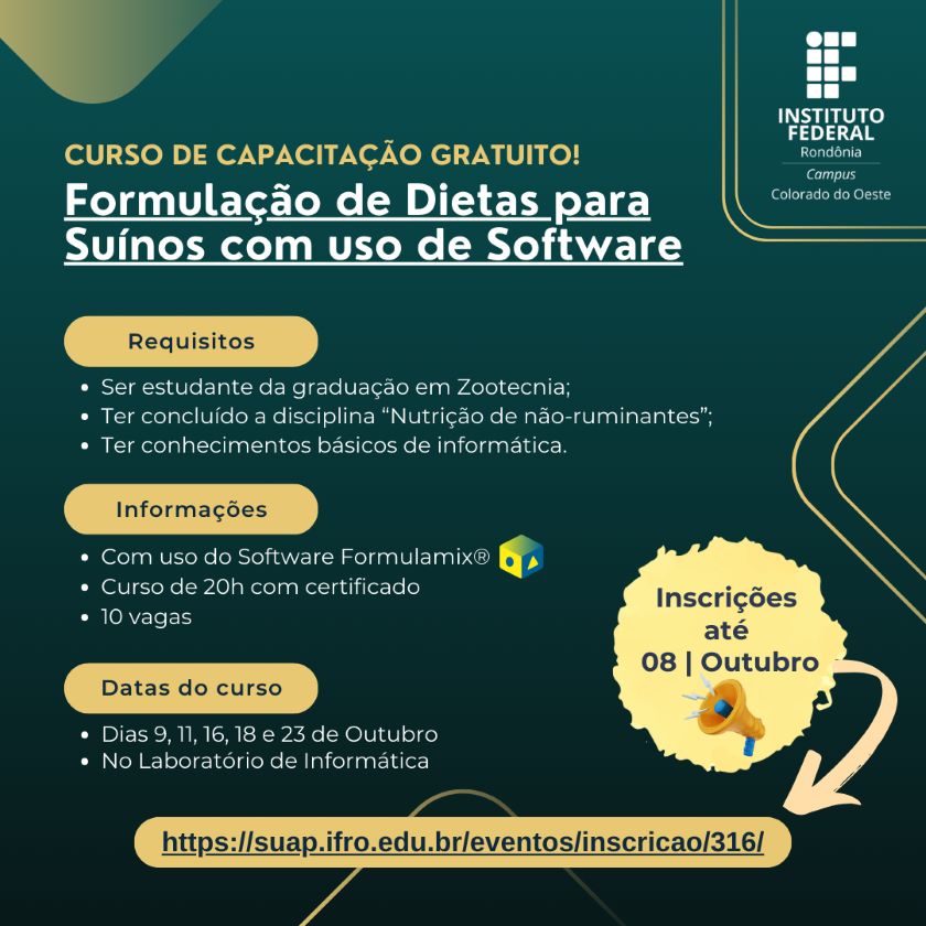 Campus Colorado oferece curso de software de Formulação de Dietas para Suínos a estudantes de Zootecnia