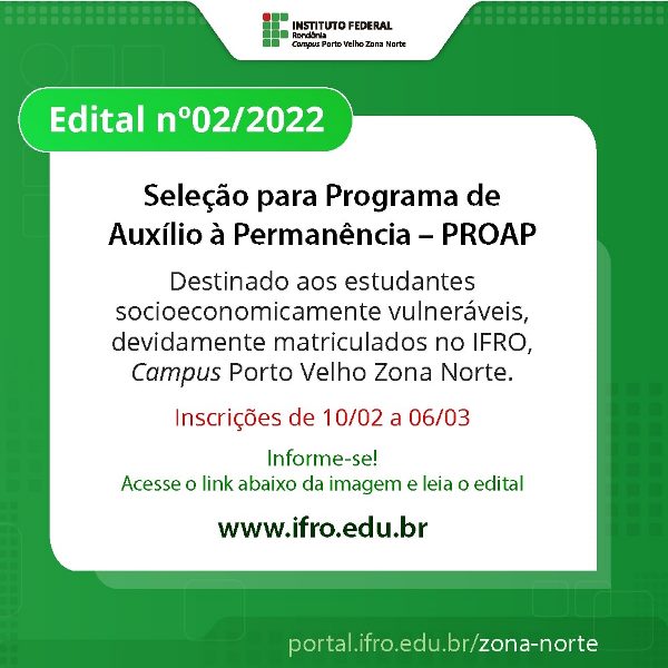 Campus Porto Velho Zona Norte seleciona estudantes para Programa de Auxílio à Permanência (PROAP)