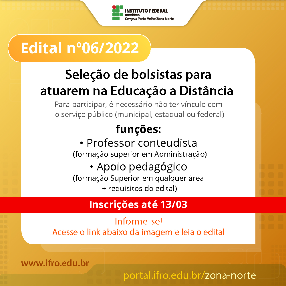 IFRO Campus Porto Velho Zona Norte seleciona Professor e Apoio Pedagógico para demandas de cursos EaD