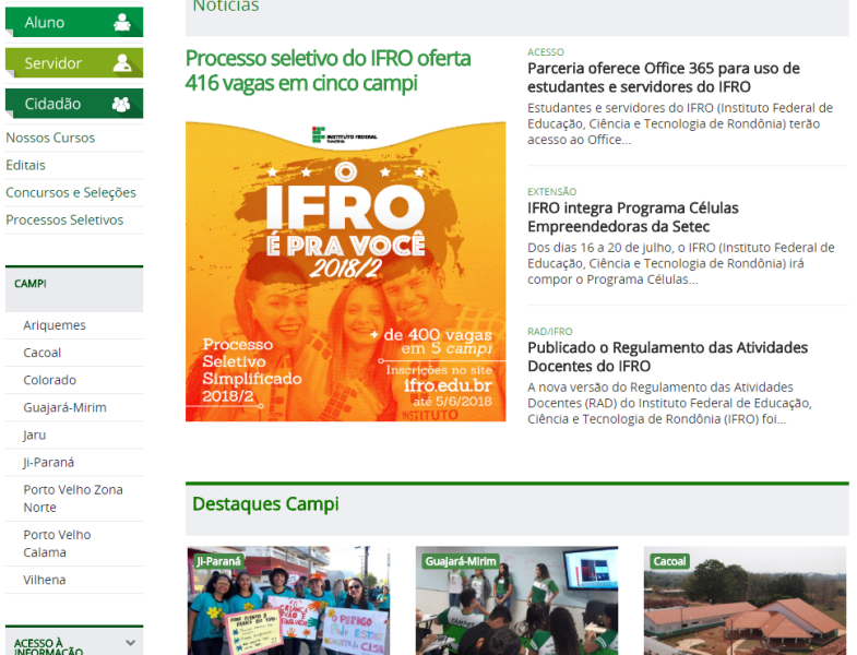 IFRO consolida portal institucional e páginas on-line dos campi
