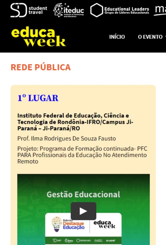 Projeto do Campus Ji-Paraná é Destaque Educação – Gestão Educacional na Rede Pública da 6ª Educa Week