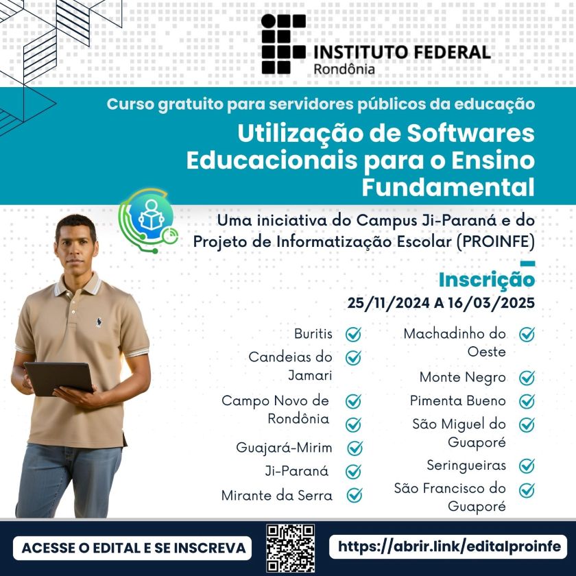 Campus Ji-Paraná abre inscrições para formação continuada em utilização de softwares educacionais para o ensino fundamental