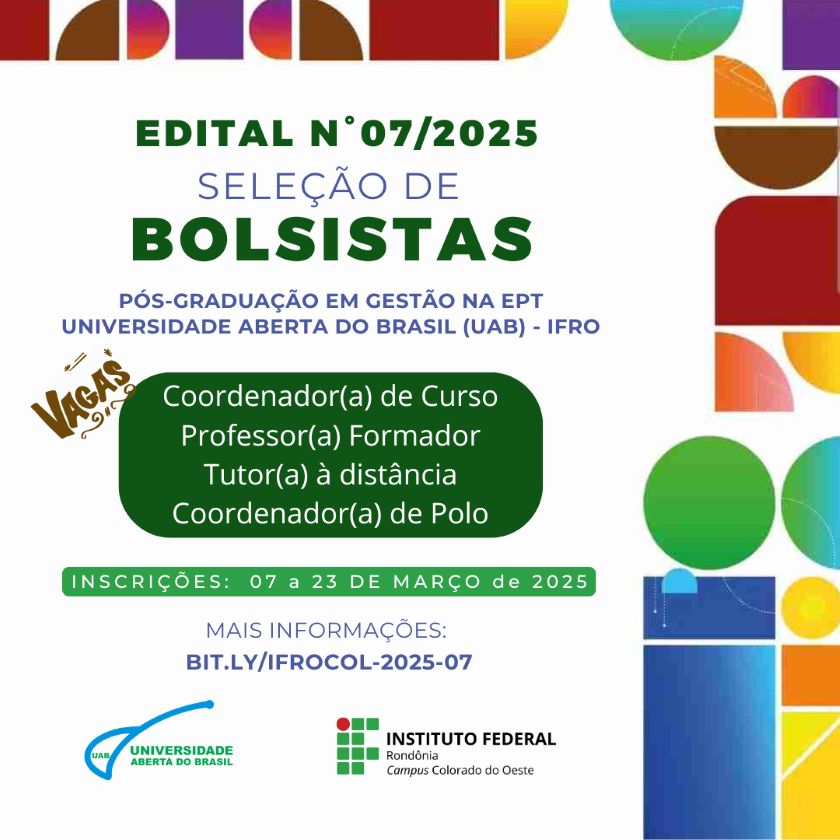 IFRO e UAB selecionam docentes, tutores e coordenadores bolsistas para curso EaD do Campus Colorado do Oeste