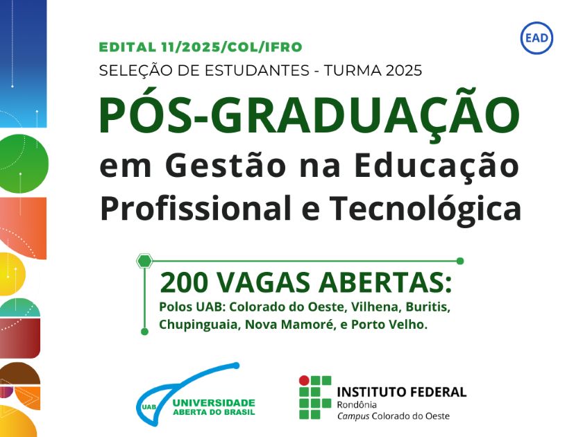IFRO e UAB selecionam estudantes para Pós-Graduação EaD em Gestão na Educação Profissional e Tecnológica 