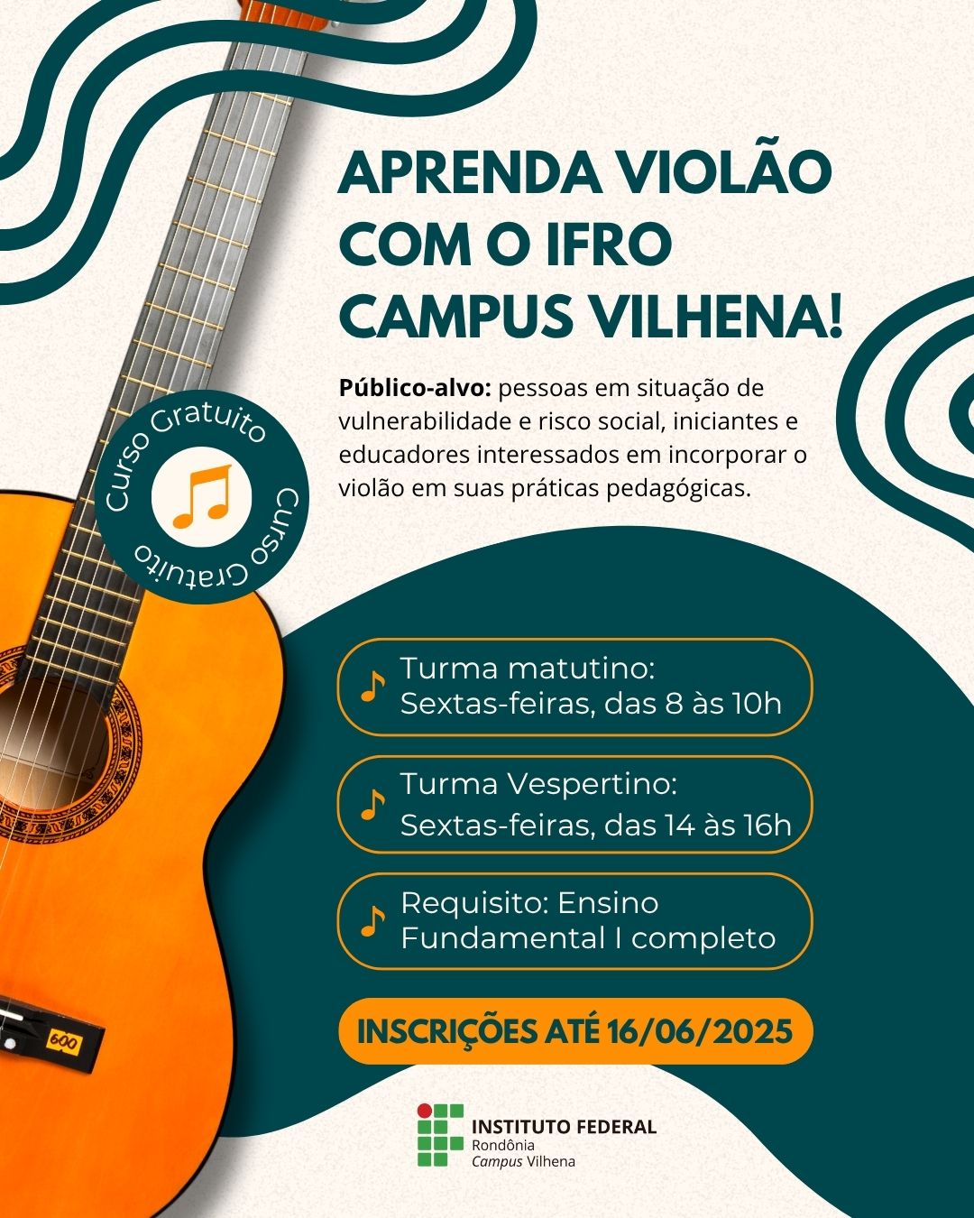 Inscrições abertas para o Curso gratuito de Musicalização Básica de Violão