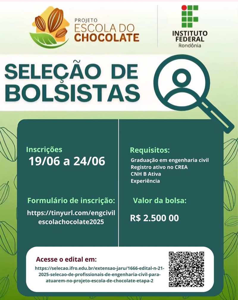 IFRO lança edital de seleção de Engenheiros bolsistas para atuarem no Projeto Escola do Chocolate