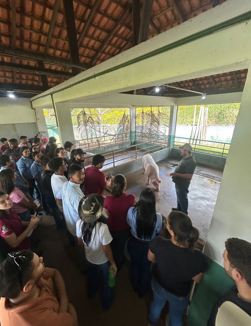 Tiago explicando aos alunos sobre a criação de suíno