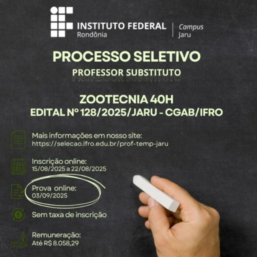 Campus Jaru abre seleção para professores substitutos em Zootecnia, Educação Física e Medicina Veterinária