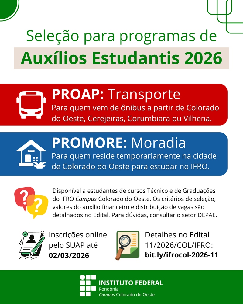 Post Seleção Auxílio Estudantil PROAP PROMORE 2026 IFRO Colorado